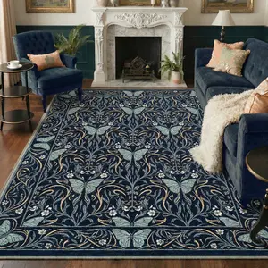 【Deals For You Days】GENIMO Navy Blue Butterfly Floral Area Rug, Vintage Botanical Design Living Room Carpet, Soft Low Pile Non-Slip Backing, Kid & Pet Friendly, Washable Accent Rug for Bedroom Dining Room Home Decor