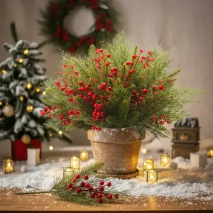 90 Artificial Pine Branches with Wintergreen Berries, Perfect for Christmas Tree, Wreaths, Holiday Home Decor, DIY Crafts