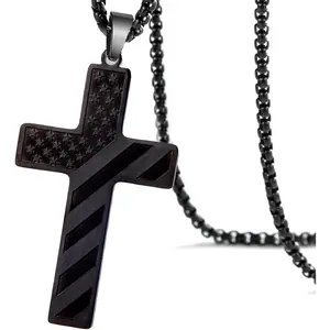 Flag Cross Necklace for Men with  Verse Joshua 1:9 Black  Tone Stainless Steel Christian Pendant Necklace Box Chain