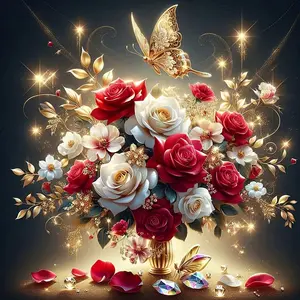 5D DIY Full Drill Rose Flower & Butterfly Diamond Painting Kit, New Hot Selling High Definition Canvas, Shiny Diamond Home Decor Gift For Women, Adult Handmade