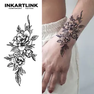 INKARTLINK Tattoo Tech, 2 Sheets Large Semi Permanent Tattoo, Adult Art Design Temporary Tattoos, Lasts 1-2 Weeks, Waterproof, Realistic Look, No Adhesive, No Reflection (Peony Plain Flower Design)