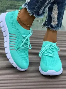 Women's Fashionable Mesh Breathable Running Shoes, Solid Color Lace Up Decor Sneakers, Casual Comfortable Slip-on Sports Shoes for Daily Wear, Perfect for Students and Outdoor Sports