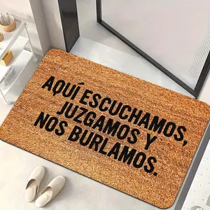 1pc Fun Doormat with Spanish Slogan "We Listen, Judge, Laugh" - Non-Slip Indoor/Outdoor Mat in Bright Orange/Vintage Newspaper Texture - Machine Washable Floor Mat for Halloween and Christmas Decor