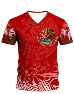 Mexican Football Jersey, 3D Eagle Aztec Maya Print Tee, Vibrant Tribal Design, Breathable Short Sleeve Round Neck Casual Summer Top, Jersey Shirts, Sports Top, Stylish Jersey