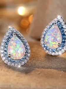 Fire Opal Stud Earrings, Cute Blue Crystal Water Drop Stone, Fashion Silver Color Wedding Jewelry Accessory for Women