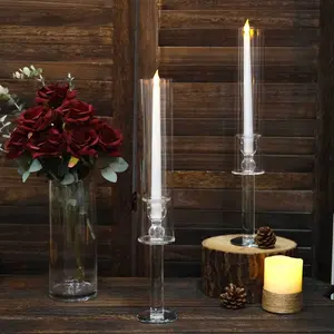 2-Pack Crystal Glass Hurricane Taper Candle Holders 18", Clear Cylinder Chimney Tubes - Tall Decorative Candle Stands