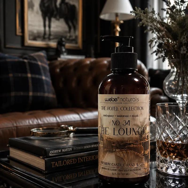 Webe Naturals Hotel Collection No. 34 The Lounge Premium Castile Hand Wash - Mahogany, Teakwood & Musk Scent, Luxury Beauty & Personal Care Hand Cleanser Fragrance