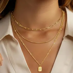 Grid Paperclip Box Chain Necklace Set Minimalist Rectangle Pendant Sparkling Star Artificial Zircon Trendy Stackable Jewelry Accessories for Women Teens Students Daily Party Casual Holiday Gift