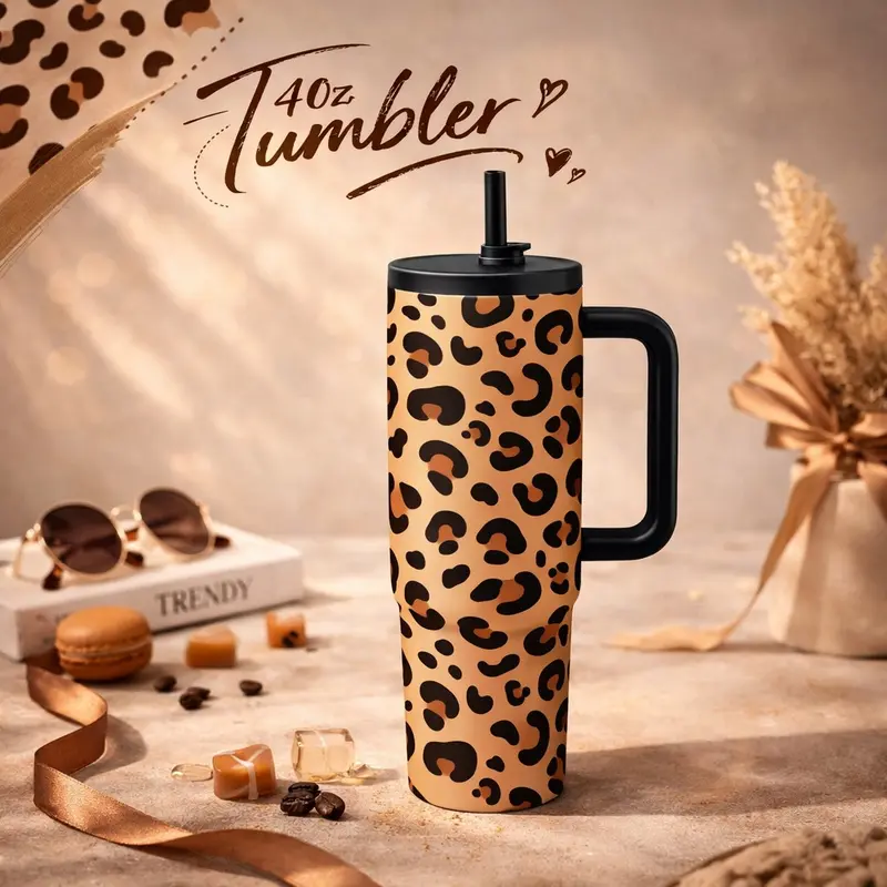 1 Pc 40oz Insulated Mug, Double Wall Vacuum Cup Keeps Hot 12 Hours Cold 24 Hours, Leak Proof Lid With Handle And Straw, Large Capacity Thermal Mug For Hot Cold Drinks, Leopard Print Design, Gift For Women Men Holiday Travel, Drinkware