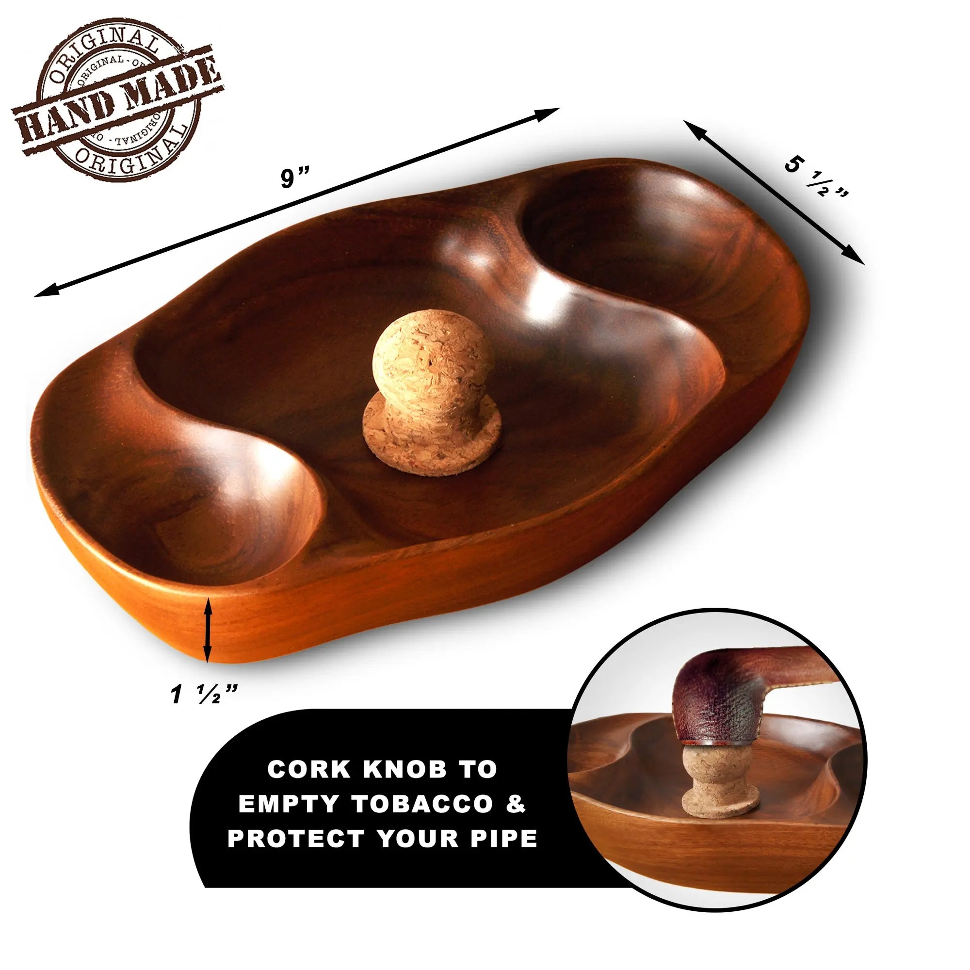Briar & Oak - Wooden Ashtray for Tobacco Pipe with Cork Knocker holds 2 tobacco pipes