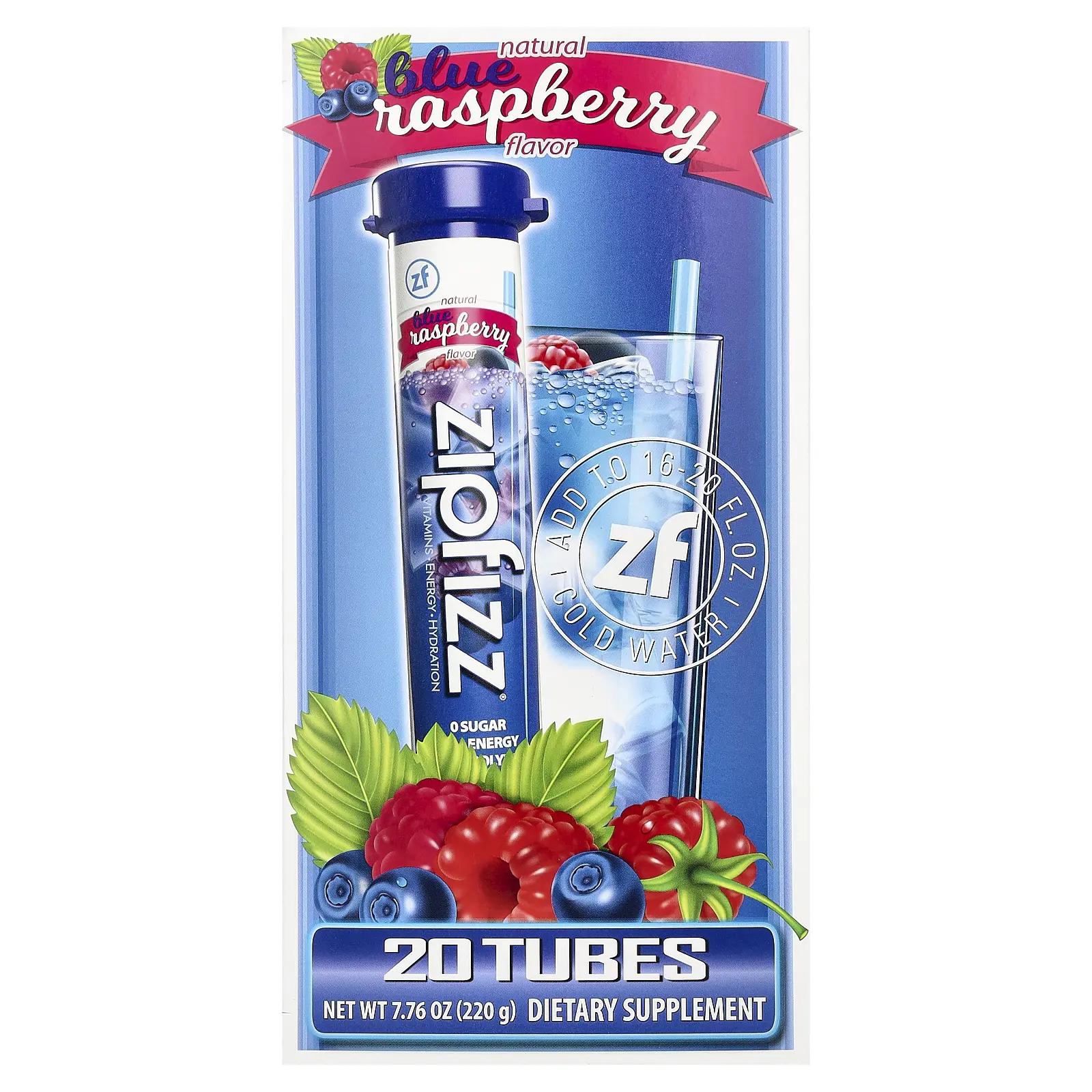 Zipfizz Energy Drink Mix, Blue Raspberry, 20 Tubes, 0.39 oz (11 g) Each