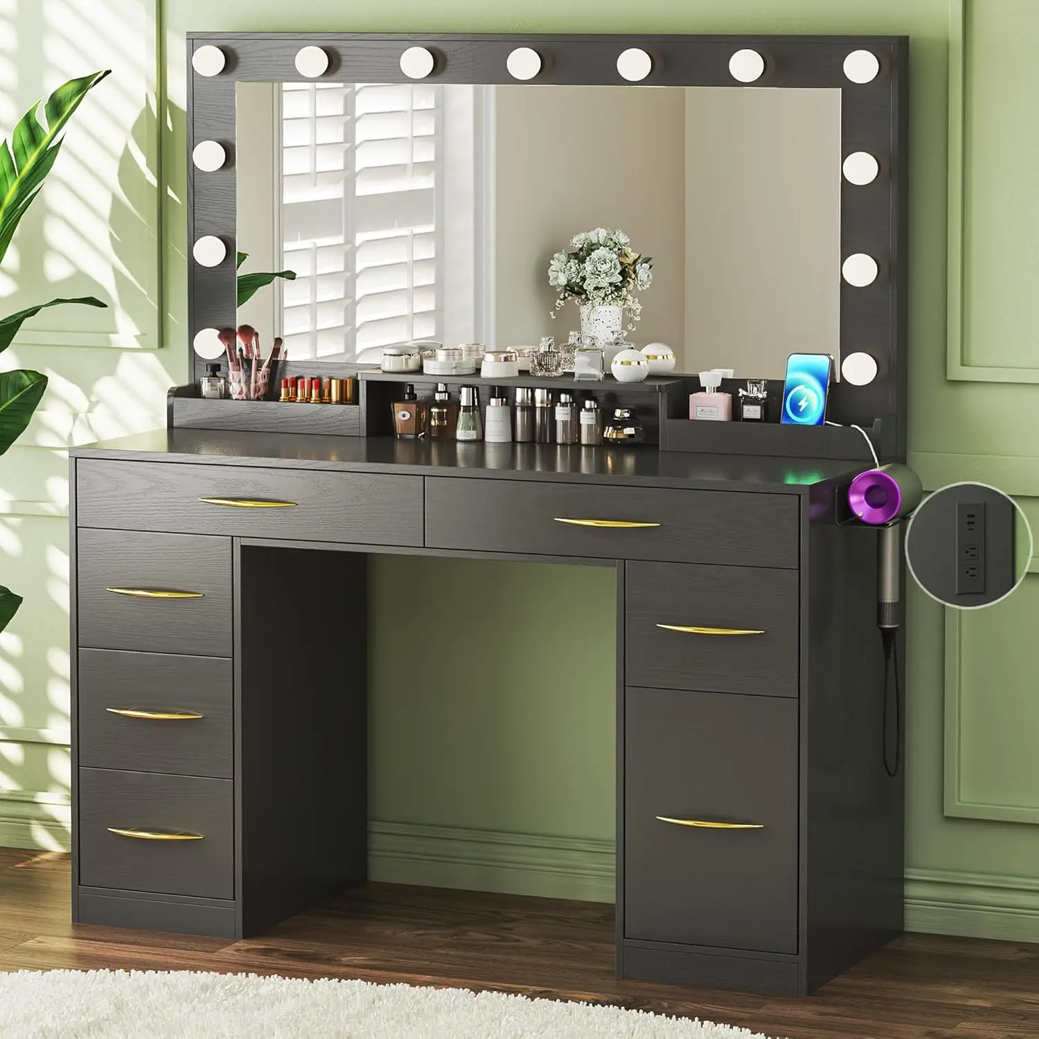 Makeup Vanity Desk with Lights, Vanity Desk with Large Mirror, Vanity with 6 Large Drawers & 1 Cabinet & Power Outlet, 3 Lighting Color Adjustable, Be