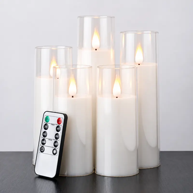 Pure White Flameless Candles, Battery Operated Candles, Acrylic Flickering LED Pillar Candles with Remote Control and Timer, 3D Wick, Yellow and Blue Glow, D2.2 xH5 5" 6" 7" 8", Set of 5 Back to School Summer Sale Deals