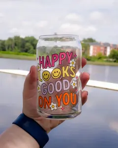 Happy Looks Good On You Libbey Beer Can Glass - Motivational glass - positivity - good vibes only Drinkware Lid Straw