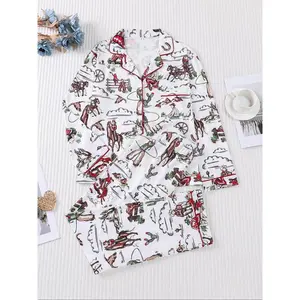 Women’s two-piece pajama set featuring a white background and Western-style denim horse-riding print, including long-sleeved pants with pockets, suitable for comfortable and elegant casual home wear in all seasons.