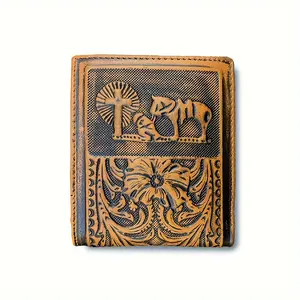 Vintage Men's Genuine Leather Wallet Western Cowboy Animal Embossed Full Grain Leather Short Bifold Wallet Card Holder, Perfect Gift for Men
