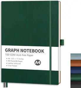 Graph Grid Paper Notebook, 96 Pages, A4 Large Size (8.5'' x 11''), 5 Squares per Inch, Leather Softcover, 100 GSM Thick Paper, for School, Students, Math, Engineering (Dark Green)