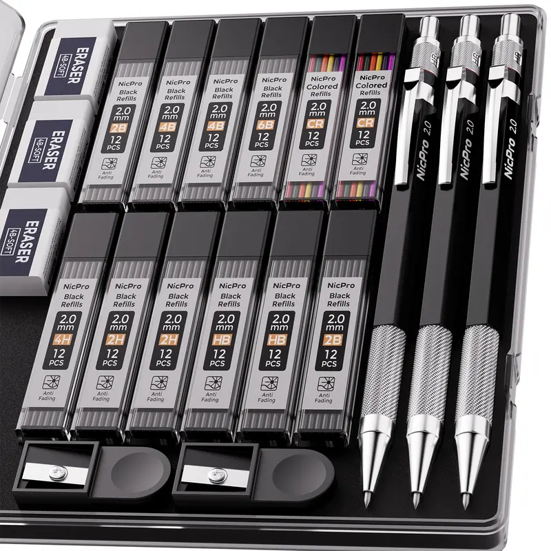 Nicpro 2mm Full-Metal Boxed Assortment Pencils - Fine Point Writing Stationery with Case, 3 Pencil Holders, 144 Lead Refills (4H,2H,HB,2B,4B,6B), Eraser & Sharpener for Drawing Supplies, Art Sketching