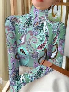 Women's Plus Size Turtleneck T-Shirt, High-End Premium Design, Digital Print Pattern, Perfect for Casual & Stylish, Casual Fashionable Top