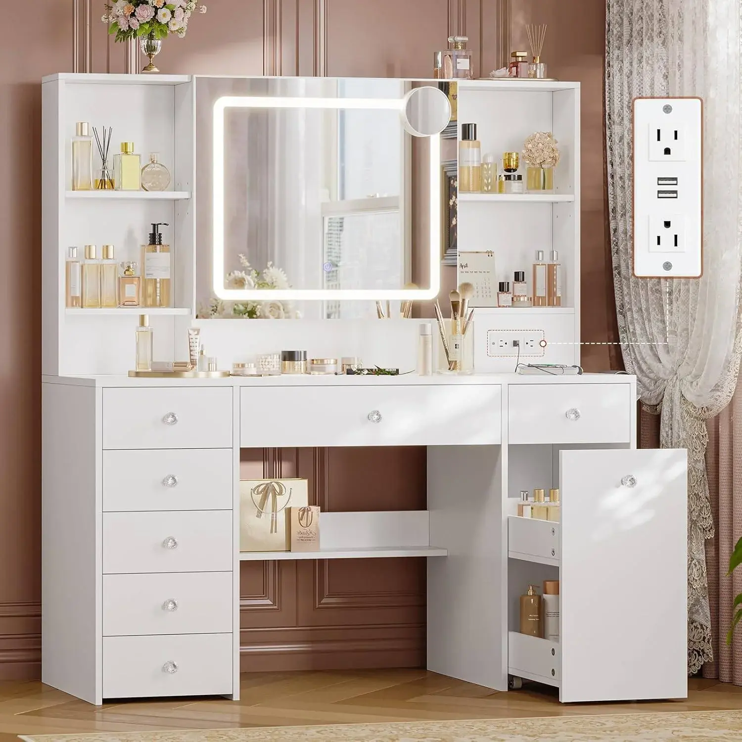 Sikaic 47.2in Expandable Furniture Vanity Table with LED Lights, White Lighted Illuminated Vanity Desk with Charging Station & Storage for Small Spaces