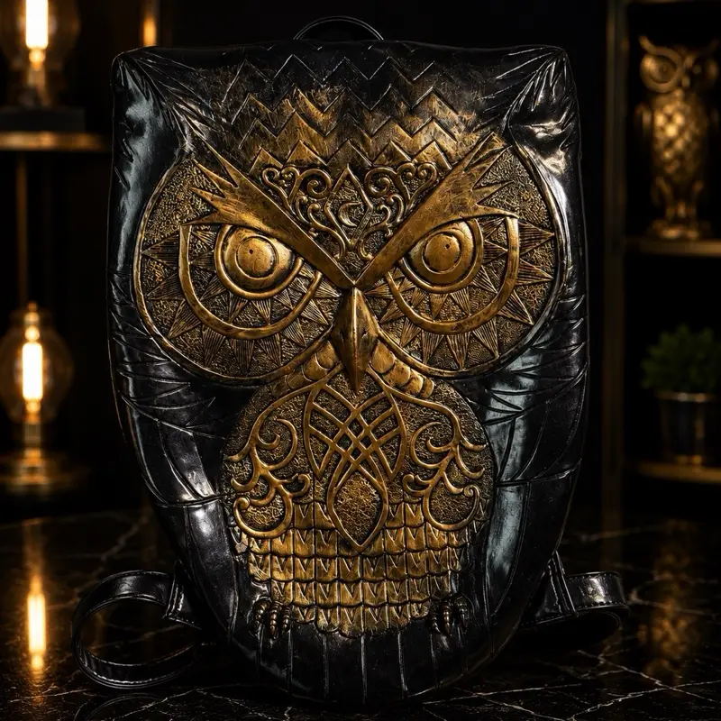 Men's Thin Black and Gold Minimalist Owl Motif Backpack (SKU 3050) - Elegant Durable Multifunctional Casual Daypack, Men's Accessories Statement Piece to Elevate Your Style