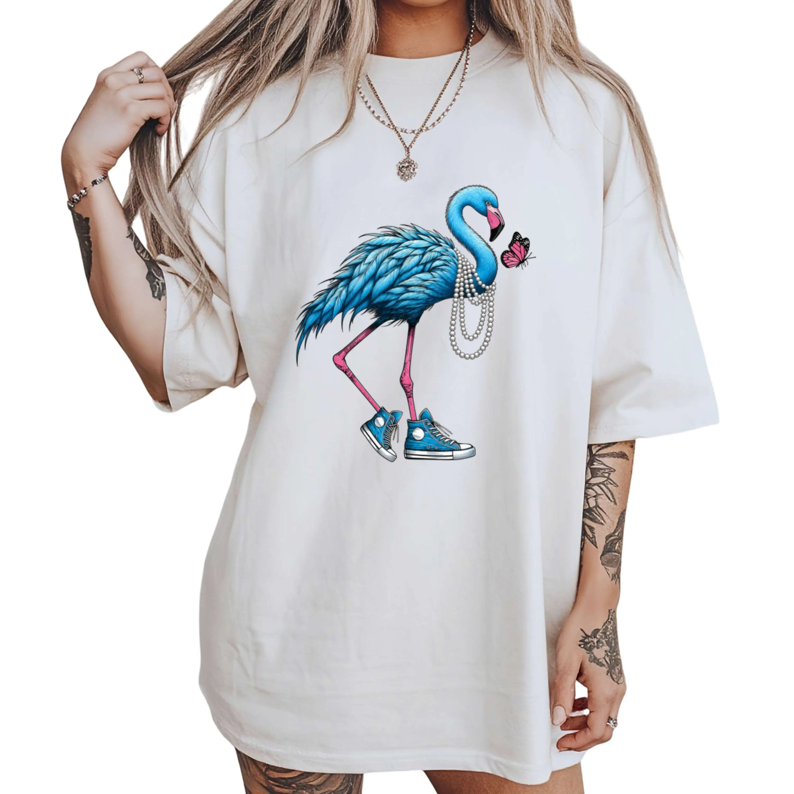 Women's Graphic T-Shirt| Cute Flamingo Wearing Stylish Glasses and Sneakers, Crew Neck Tee - Perfect for Casual Summer Outfits - Machine Washable, Unisex