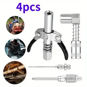 4PCS Heavy Duty Grease Gun Set - Include 90 Degree Grease Gun Coupler Adapter, Double Handles Grease Gun Coupler, Grease Needle, Needle Tip Dispenser Fit 1/8" NPT Grease Gun