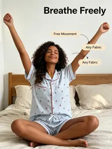 Retro Cherry Gingham Bubble Crinkle Pajama Set - Cozy Blue White Button-Down Loungewear for Women, Cute Fruit Print Sleepwear, Lightweight Short Sleeve & Shorts Set, Casual Lounging, S-XL