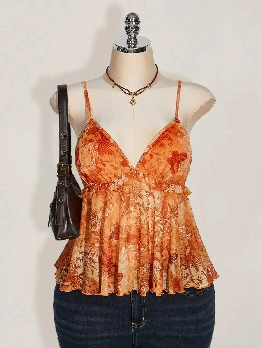 Curvera x ICON Plus Size Women Plant Print Ruffle Hem Camisole Tank Top For Holiday,Rave Top
