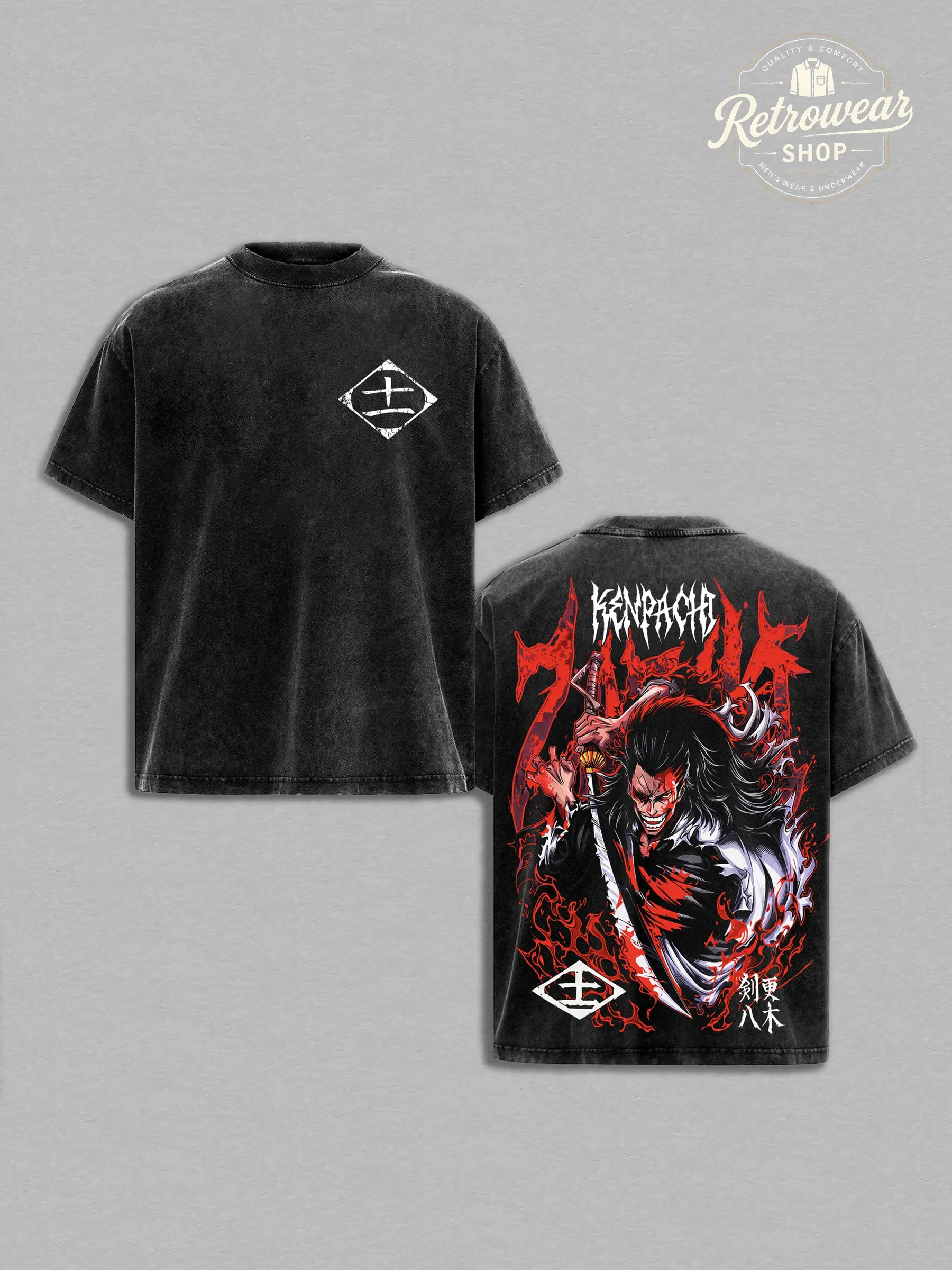 Kenpachi Zaraki Bleach Vintage Washed Anime T-Shirt, Oversized Boxy Fit, Heavyweight Cotton Graphic Tee, Unisex Streetwear Daily Wear, Gift for Anime Fans