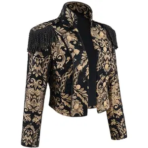 Women‘s Gothic Steampunk Stand Collar Jacket Black Gold Victorian Cropped Short Coat