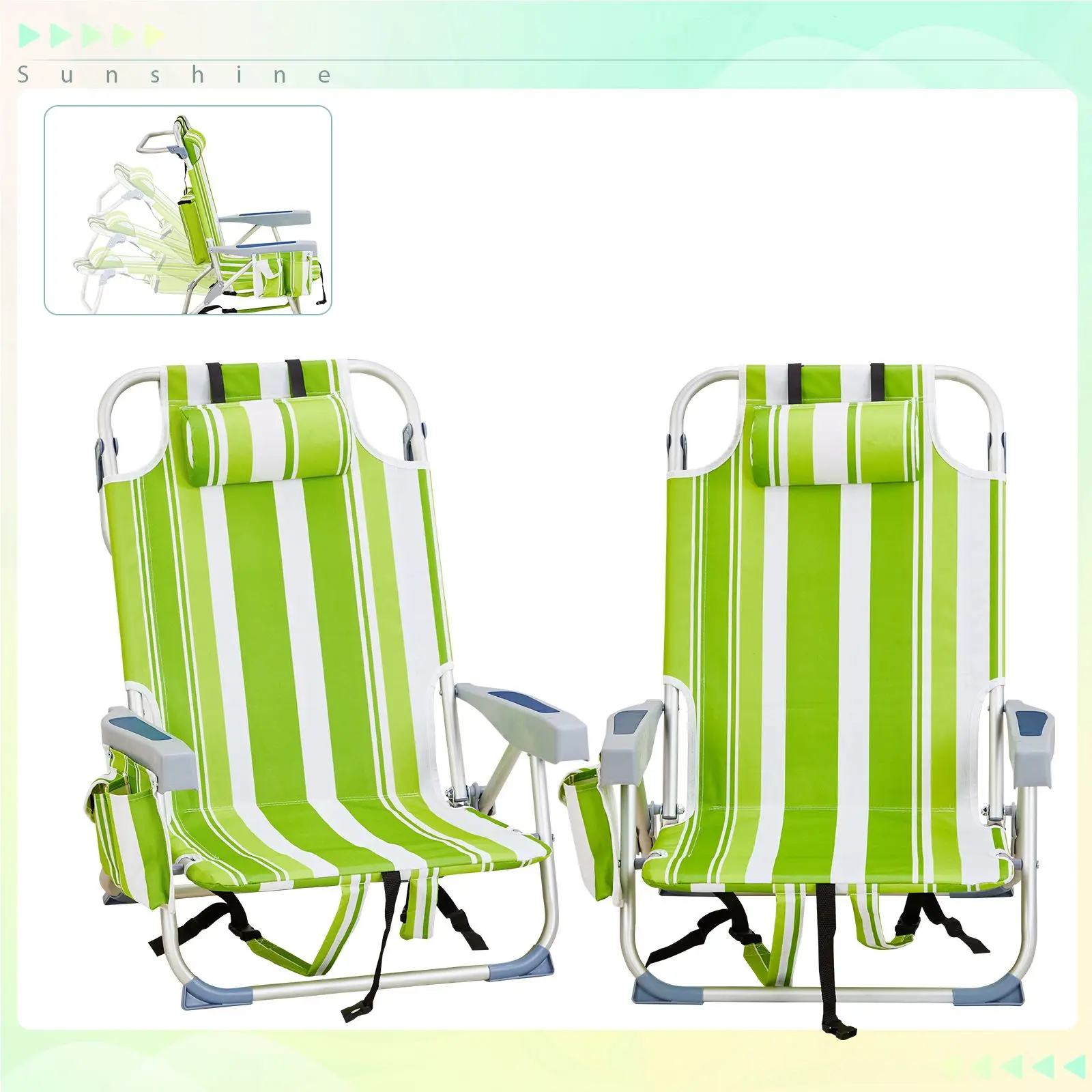 Short Oxford Cloth Silver White Aluminum Tube Bearing 100kg Beach Chair Green Stripes