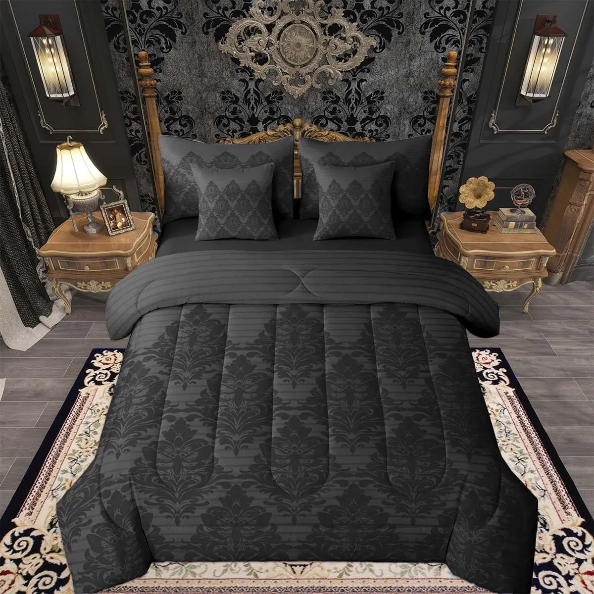 Gothic Black Grey Damask Comforter Set 7 Pieces Exotic Death Moth Bedding Set Victorian Baroque Floral Goth Bed in a Bag with Comforter,Sheets,Pillowcases,Cushion Covers