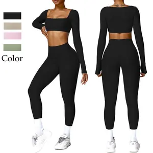 Women's Yoga Workout Set - Square Neck Long Sleeve Crop Top & High Waist Leggings - Medium Stretch Nylon/Spandex, Suitable for Gym Outfits & Fitness Training Clothes