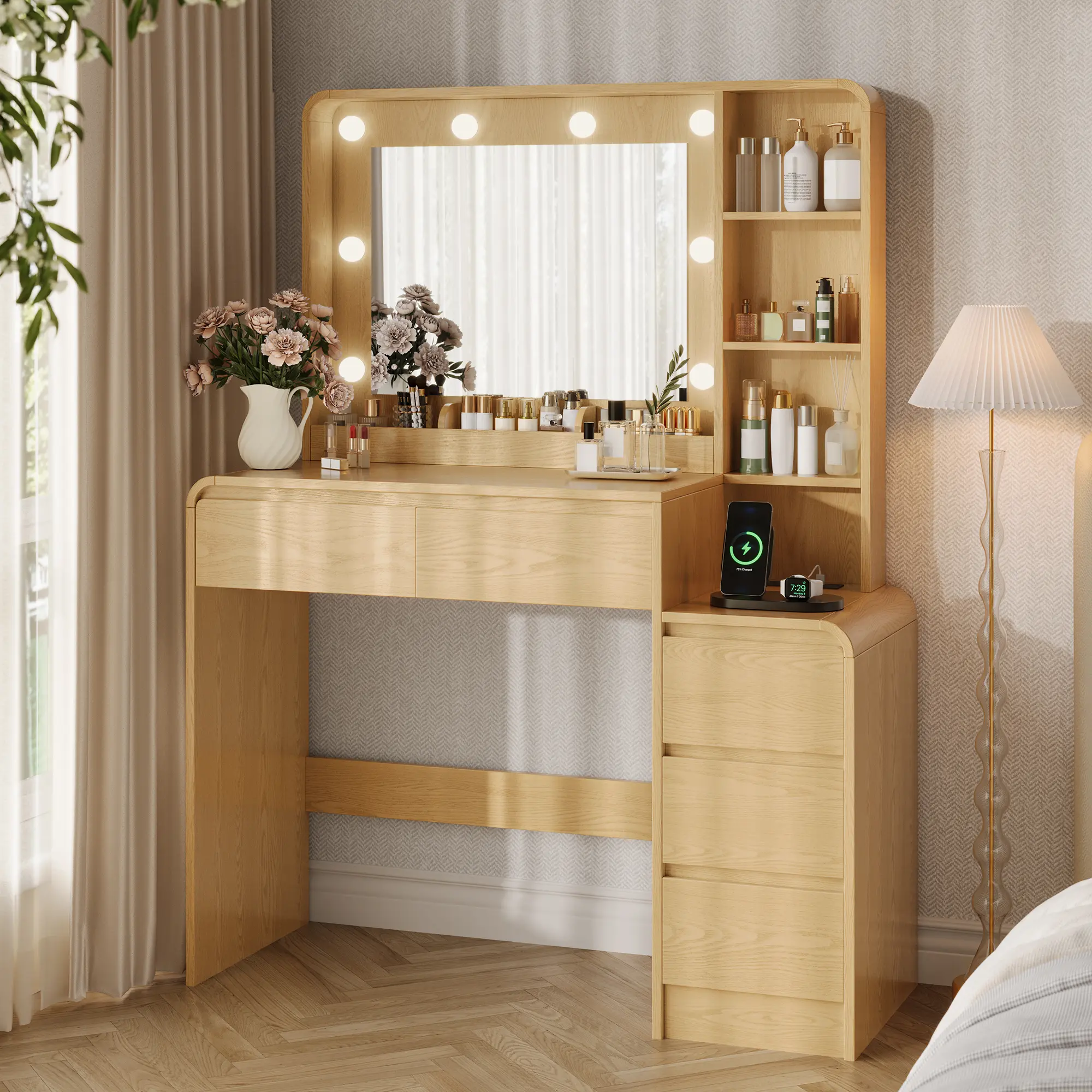 TOKSOM Women's Glam Vanity Desk - 35.4" Tabletop, 19.2" Lighted Mirror, 5 Drawers, 6 Open Shelves, Built-in Charging Station & Power Outlet - Indoor Furniture for Bedroom Storage & Decor, Makeup Vanity