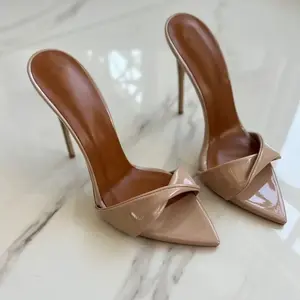 Stiletto heel pointed toe sexy sandals sexy nude burgundy shiny leather women's shoes large size red white extra high heels mules shoes pleated outside cool slippers