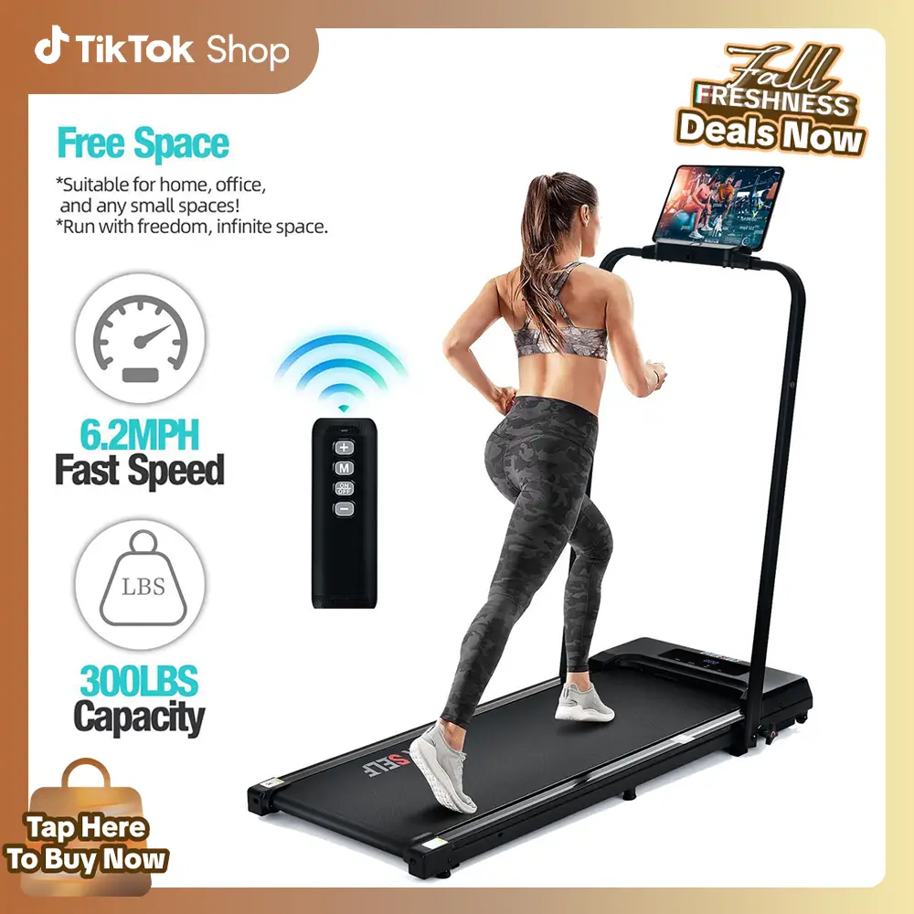 【Fallfreshness】OVER SELF 2-in-1 walking mat Treadmill Portable with Remote Control 300 lb capacity Under Desk Treadmill for Small Spaces Home Office E