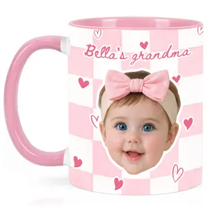 MAKEAGIFT Custom Baby Face Grandma Ceramic Mug, Personalized Checkered Grandma Coffee Mug, Personalized Baby's Name Tea Cup, Mother's Day Gift Mugs