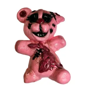 Glitter & Garbage Creepy Cute Pink Bear Magnet Creature #75 Hand-Sculpted Clay Fitted with Strong Magnets for Fridge Locker or Art Wall