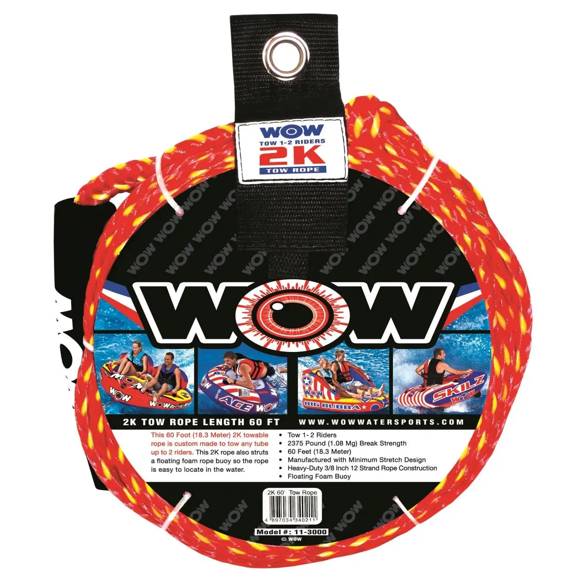 WOW Sports 11-3000 Heavy Duty Towable Rope, 60 ft Length, 2000-Lb Capacity for Tube Towing, Includes Rope Buoy, Heavy Duty Rope