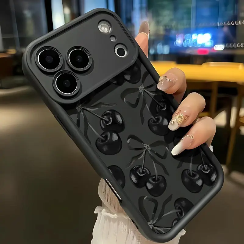 Black Cherry Soft&Flexible TPU Silicone Phone Case For iPhone 17 Pro Max AIR 16 15 14 13 12 11 Plus XSMAX Cases Durable|Shockproof|Full Camera Protection|Anti-Scratch|Anti-Fingerprint|Slim Fit|Gift For Girlfriend/Men/Women summerwins