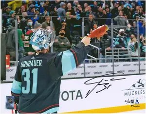 Philipp Grubauer Seattle Kraken Autographed 11" x 14" Salmon Spotlight Photograph - Limited Edition of 32 - Fanatics Authentic Certified