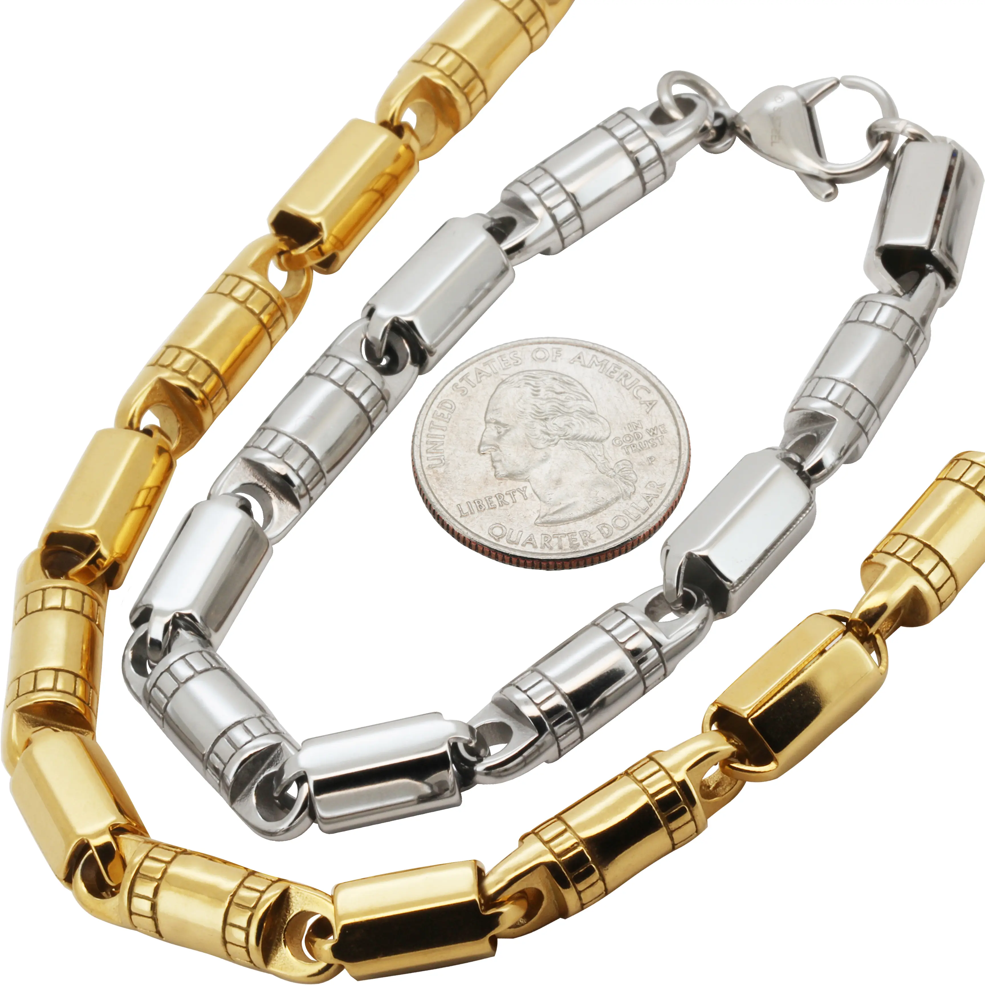 316L Stainless Steel 18k Yellow Gold Plated 8mm Barrel Link Chain Necklace Bracelet 9”-24”