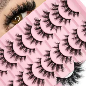 10 Pairs 3D Fluffy Artificial Mink Fake Eyelashes, Thin Dense Curly Natural Look, Perfect for Party Cosplay Comic Con, Fluffy False Eyelashes