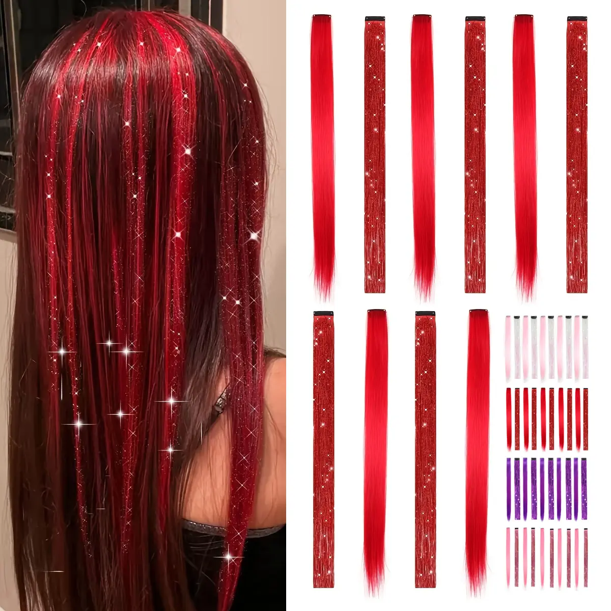 Clip-in Hair Tinsel Extensions, 10 Pcs 22 Inch Pink Synthetic Hairpieces with Sparkling Glitter & Solid Strands for Women & Girls, Funky Fairy Hair for Parties & Festivals
