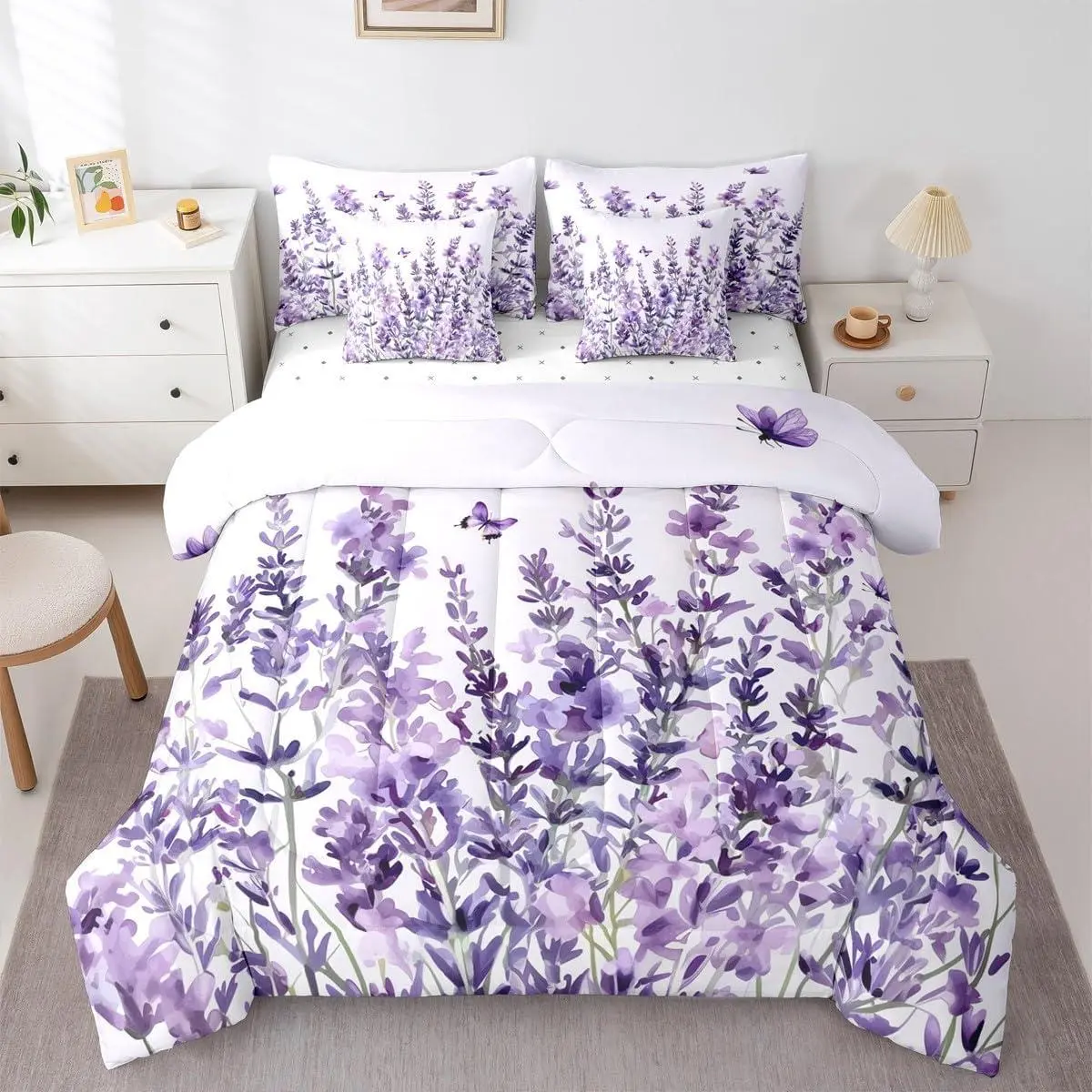 Lavender 7 Piece Comforter Set,Elegant Purple Butterfly Bedding Set for Women Girls Cottagecore Pastoral Style Comforter Garden Floral Bed Sheets Flower Botanical Duvet Insert