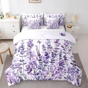 Lavender 7 Piece Comforter Set,Elegant Purple Butterfly Bedding Set for Women Girls Cottagecore Pastoral Style Comforter Garden Floral Bed Sheets Flower Botanical Duvet Insert