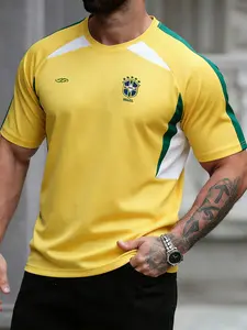 Brazilian Retro Football Style Men's Yellow Short-Sleeve Jersey, Team Badge & #10 Number Print, Yellow-Green Color Block, The First Choice for Summer Sports, Fan & Street Outfits