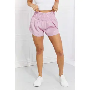 Zenana Cross Country Smocked Waist Running Shorts in Pink