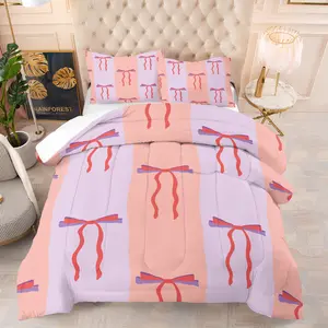 Pink Purple Bow Printed Comforter Set, Waterfall Style Double Tone Bedding Set, Suitable for Decorating Girls' Rooms, 1 Quilt and 1/2 Pillowcase